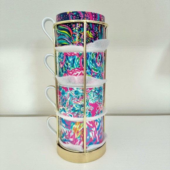 BWNT! Lilly Pulitzer Cappuccino Mug Set of 4 Stackable in Metal Gold Toned Stand - Picture 2 of 5